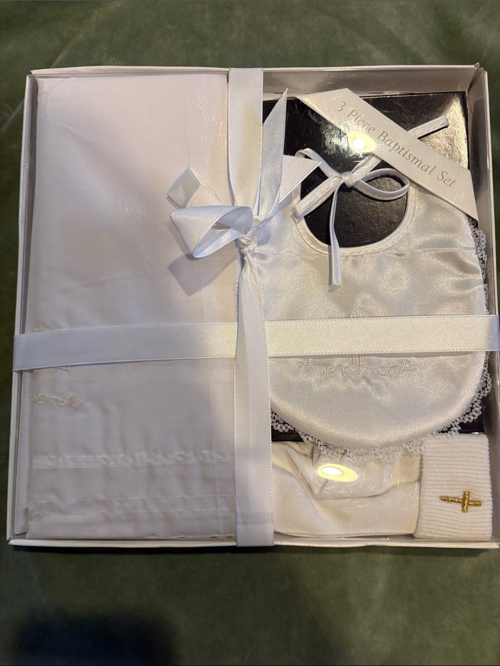 White Satin Christening Set with Lace Bib